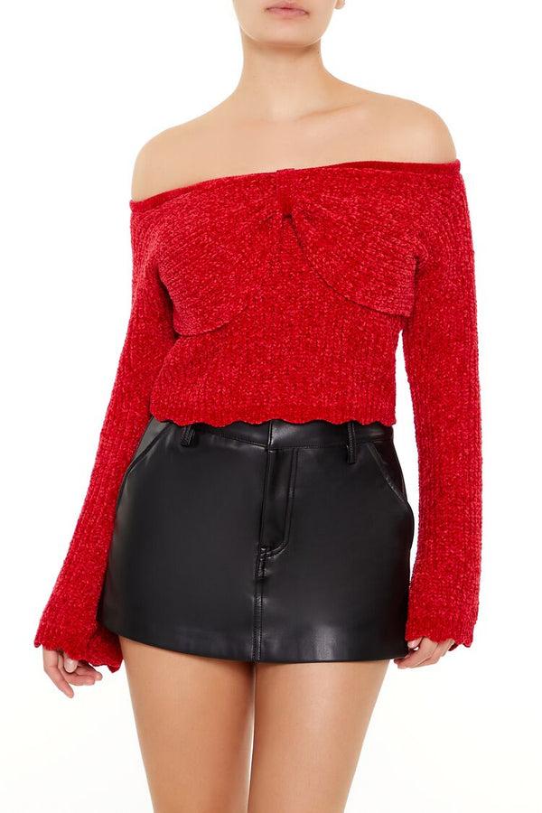 Forever21 Off-the-Shoulder Bow Sweater RED