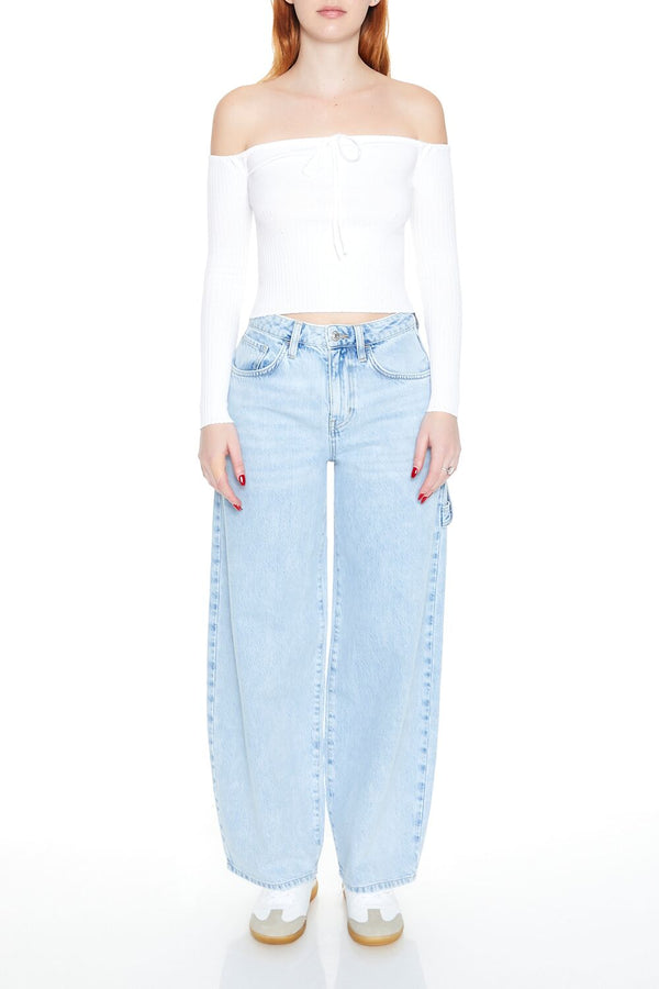 Forever21 Off-the-Shoulder Sweater-Knit Top WHITE