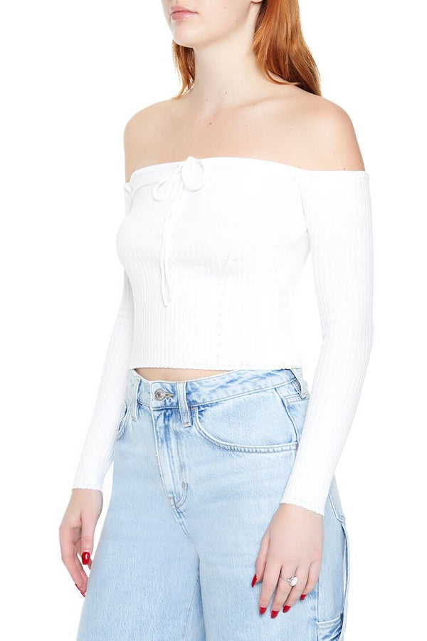 Forever21 Off-the-Shoulder Sweater-Knit Top WHITE