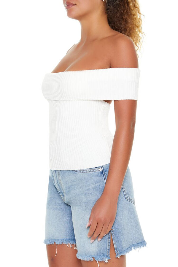 Forever21 Off-the-Shoulder Sweater-Knit Top WHITE