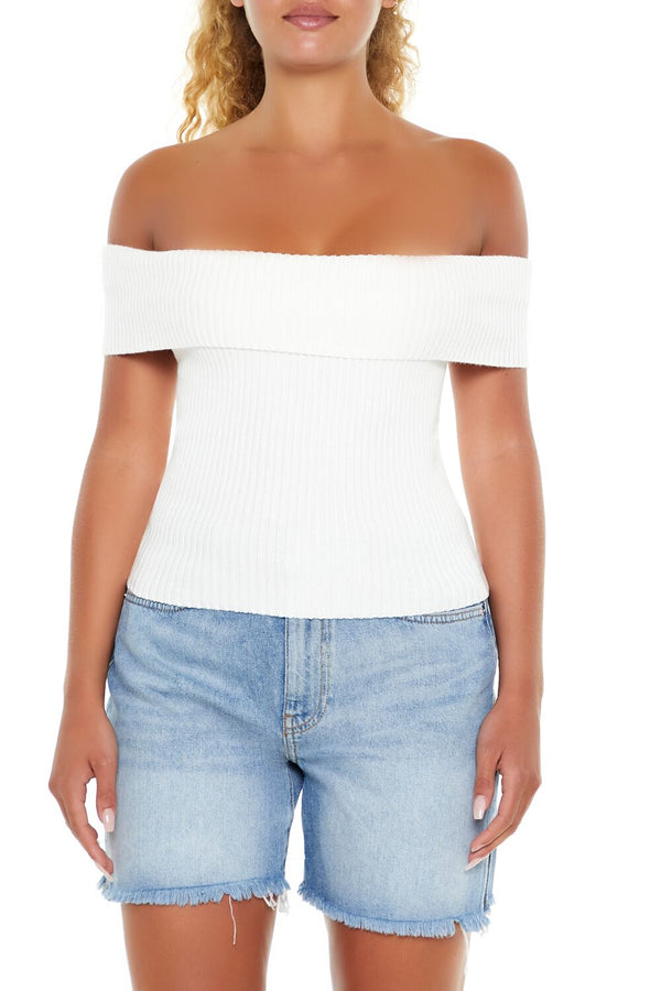 Forever21 Off-the-Shoulder Sweater-Knit Top WHITE