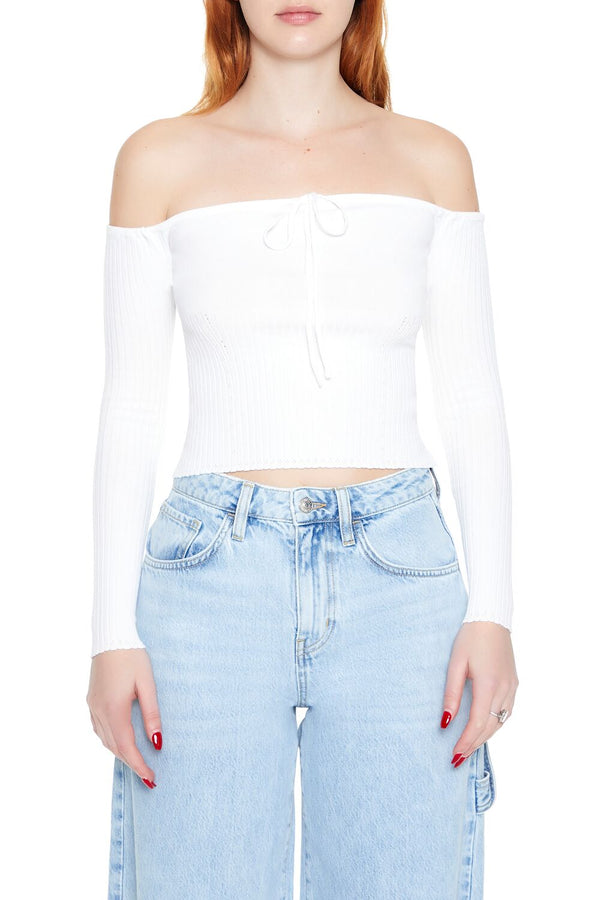 Forever21 Off-the-Shoulder Sweater-Knit Top WHITE