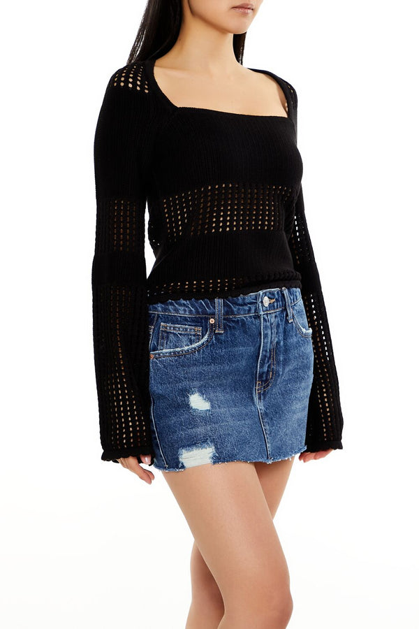 Forever21 Open-Knit Bell-Sleeve Sweater BLACK