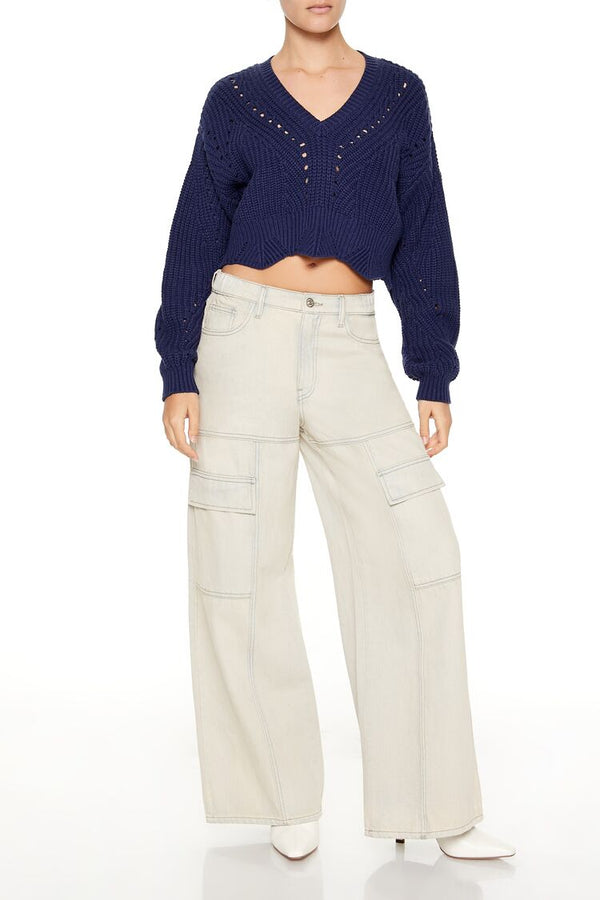 Forever21 Open-Knit Cropped Sweater DARK BLUE