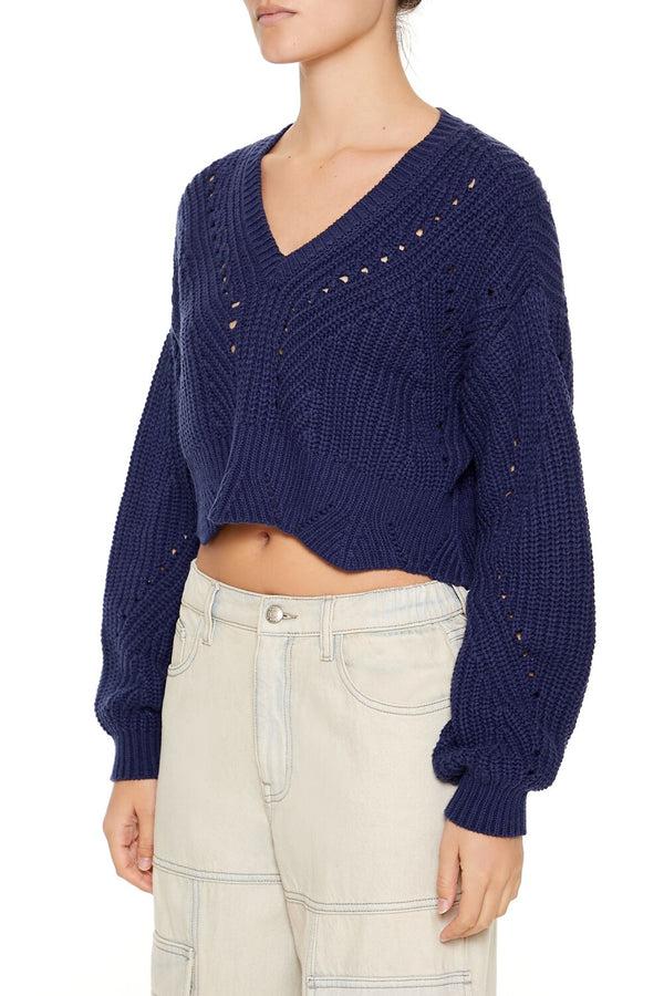 Forever21 Open-Knit Cropped Sweater DARK BLUE