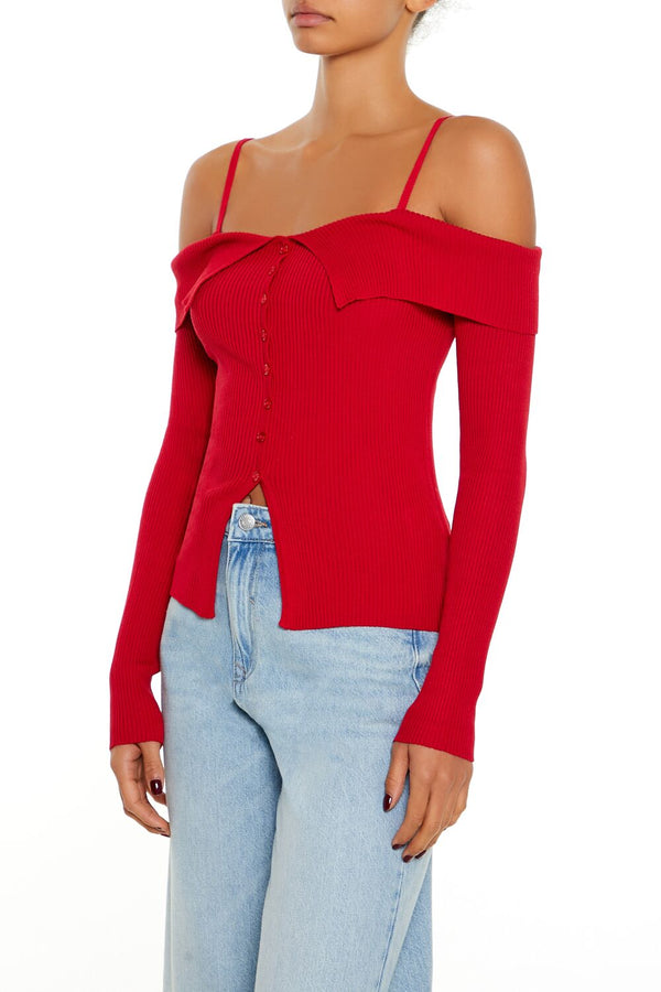 Forever21 Open-Shoulder Sweater-Knit Top RED