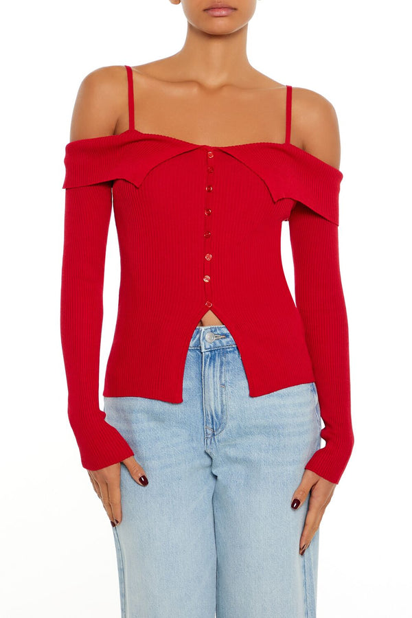 Forever21 Open-Shoulder Sweater-Knit Top RED