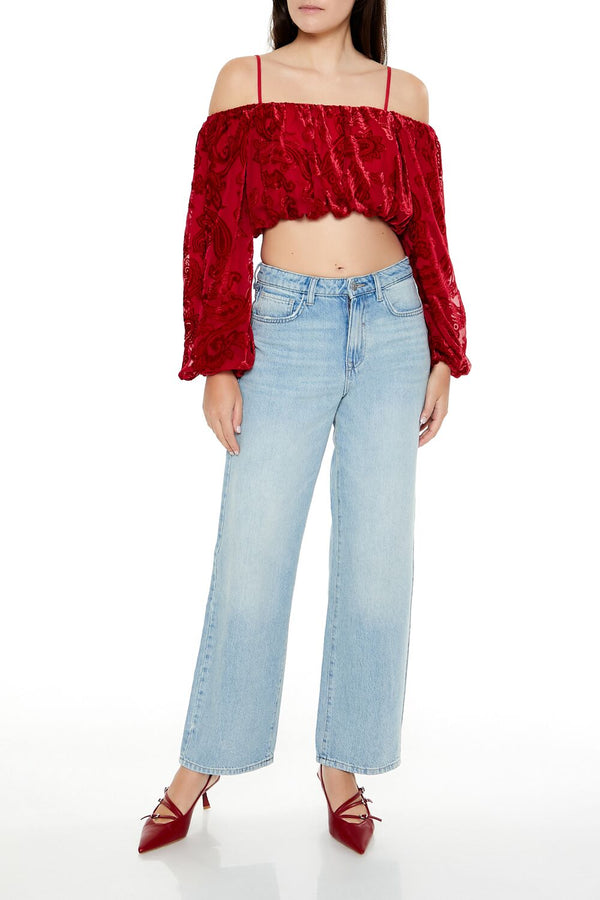 Forever21 Paisley Open-Shoulder Crop Top DARK RED