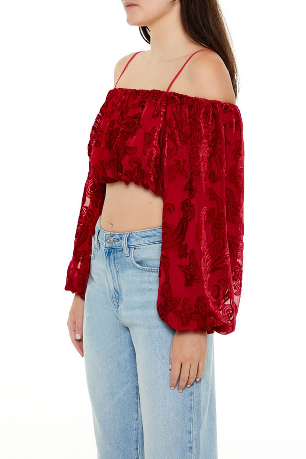 Forever21 Paisley Open-Shoulder Crop Top DARK RED