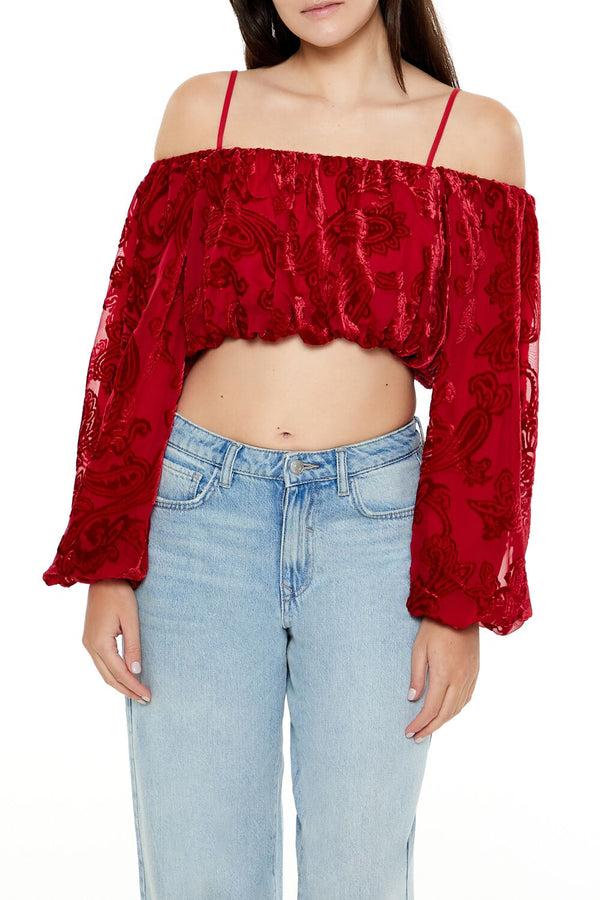 Forever21 Paisley Open-Shoulder Crop Top DARK RED