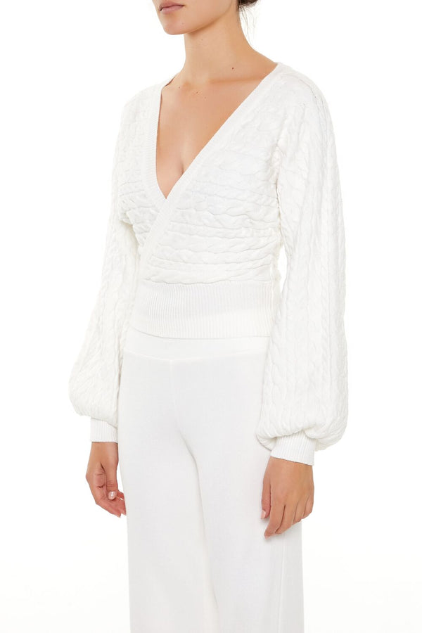Forever21 Peasant-Sleeve Cable Knit Sweater WHITE