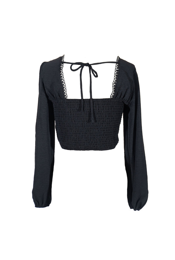 Forever21 Peasant-Sleeve Lace-Trim Crop Top BLACK