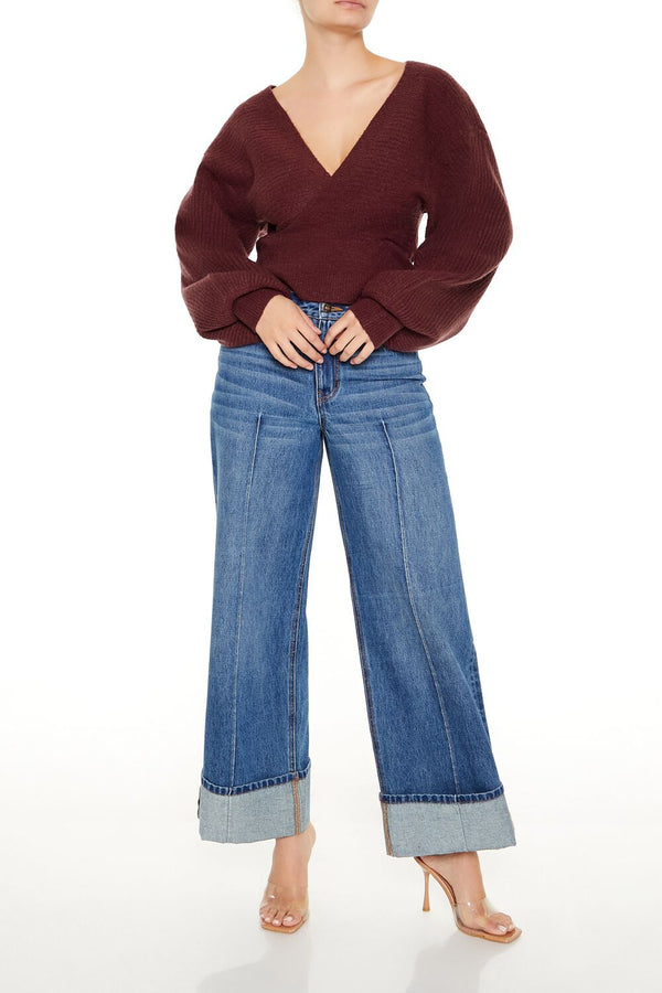 Forever21 Peasant-Sleeve Surplice Sweater MERLOT