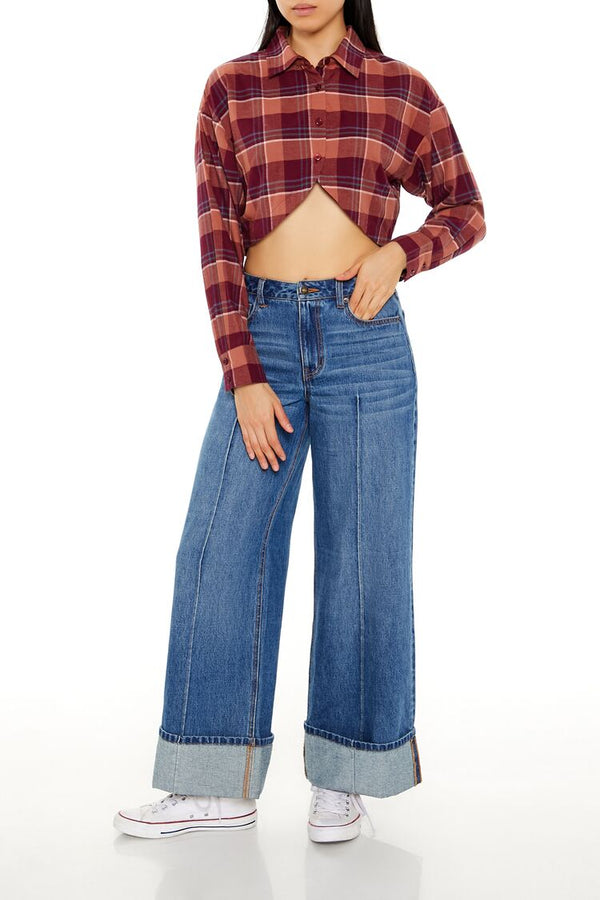 Forever21 Plaid Flannel Cropped Shirt RED/MULTI