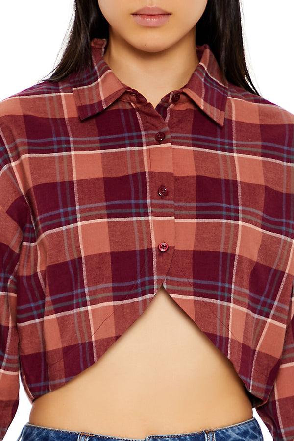 Forever21 Plaid Flannel Cropped Shirt RED/MULTI