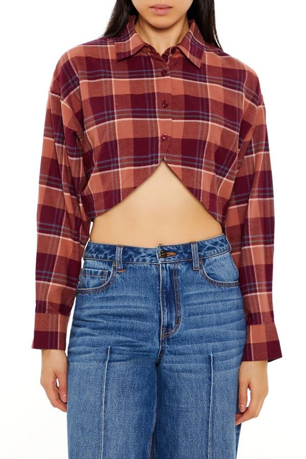 Forever21 Plaid Flannel Cropped Shirt RED/MULTI