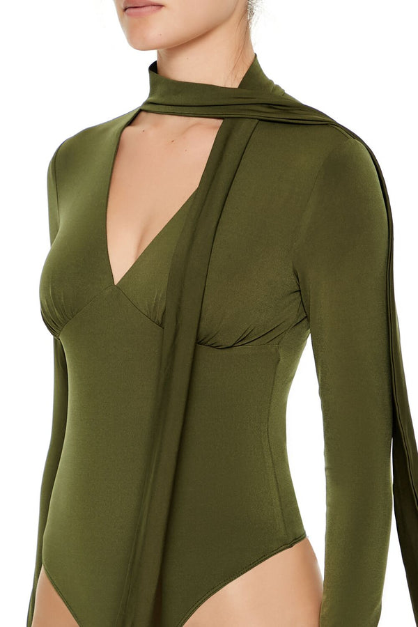 Forever21 Plunging Scarf Bodysuit OLIVE