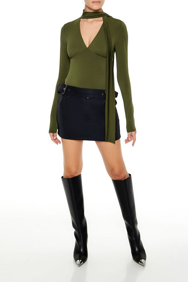 Forever21 Plunging Scarf Bodysuit OLIVE