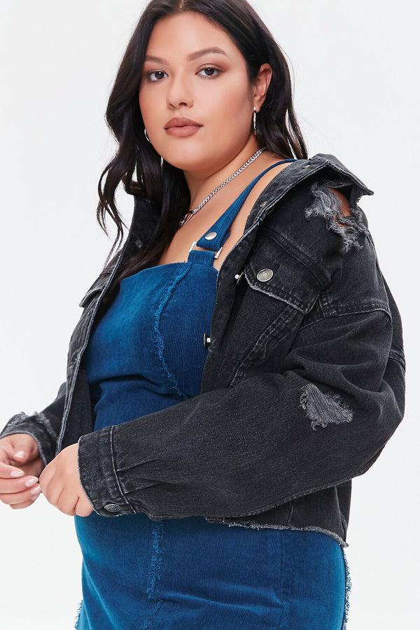 Forever21 Plus Size Distressed Denim Jacket BLACK