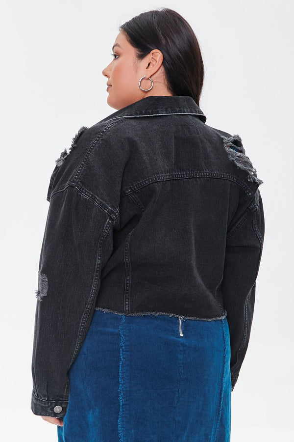Forever21 Plus Size Distressed Denim Jacket BLACK