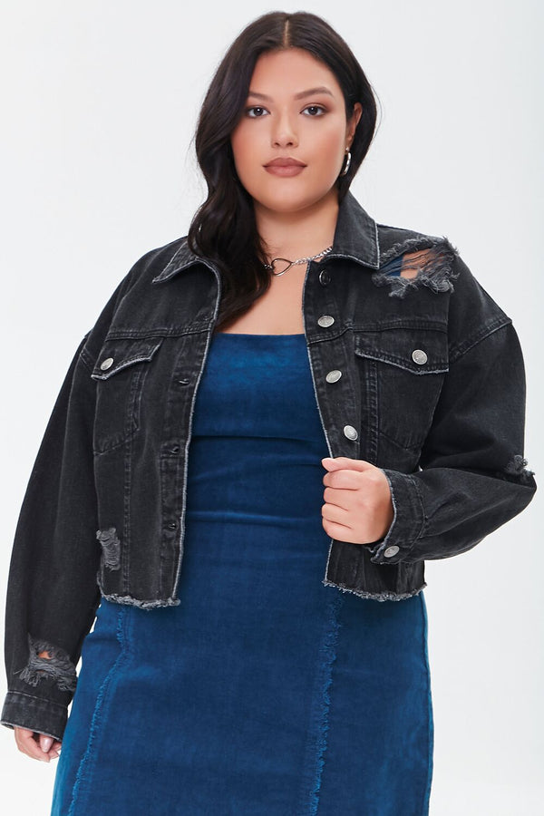 Forever21 Plus Size Distressed Denim Jacket BLACK
