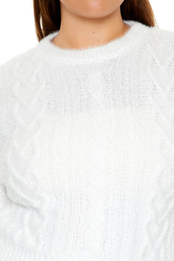 Forever21 Plus Size Fuzzy Cable Knit Sweater WHITE