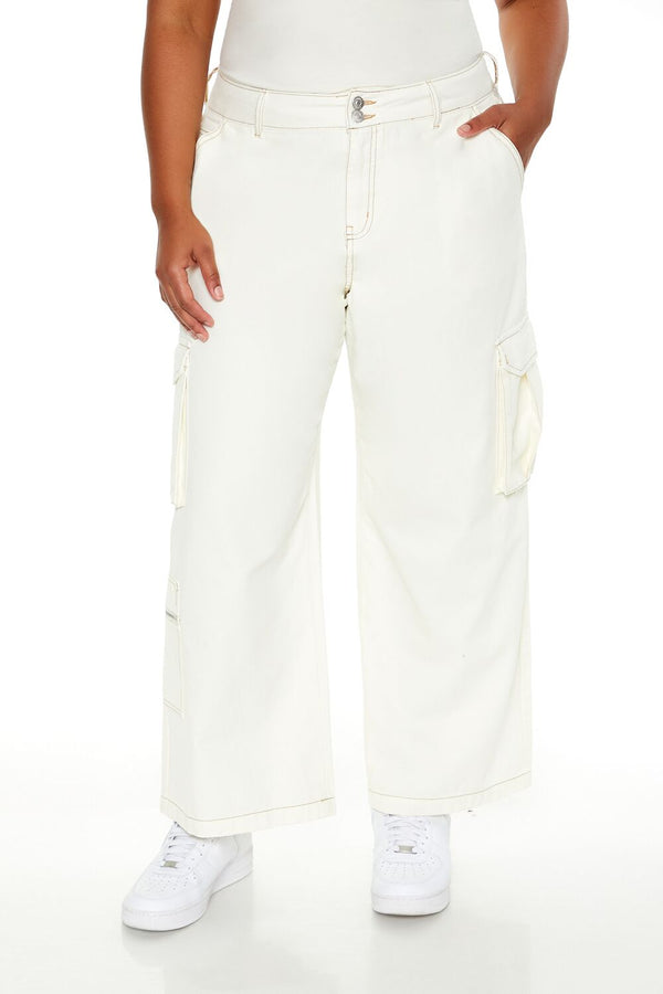 Forever21 Plus Size High-Rise Cargo Pants WHITE