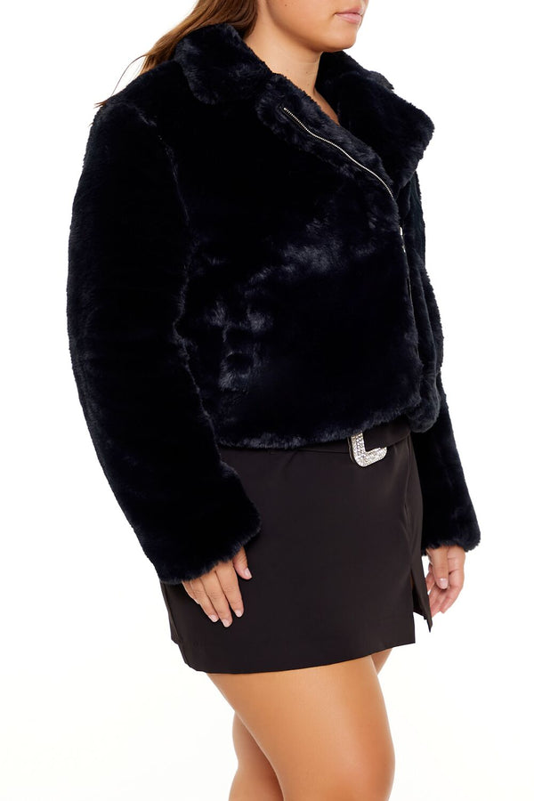 Forever21 Plus Size Notched Faux Fur Coat BLACK