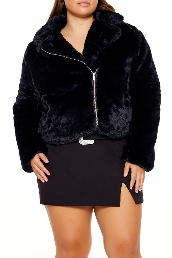 Forever21 Plus Size Notched Faux Fur Coat BLACK
