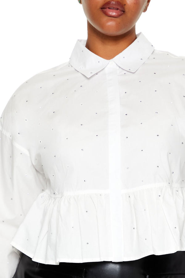 Forever21 Plus Size Rhinestone Peplum Shirt WHITE