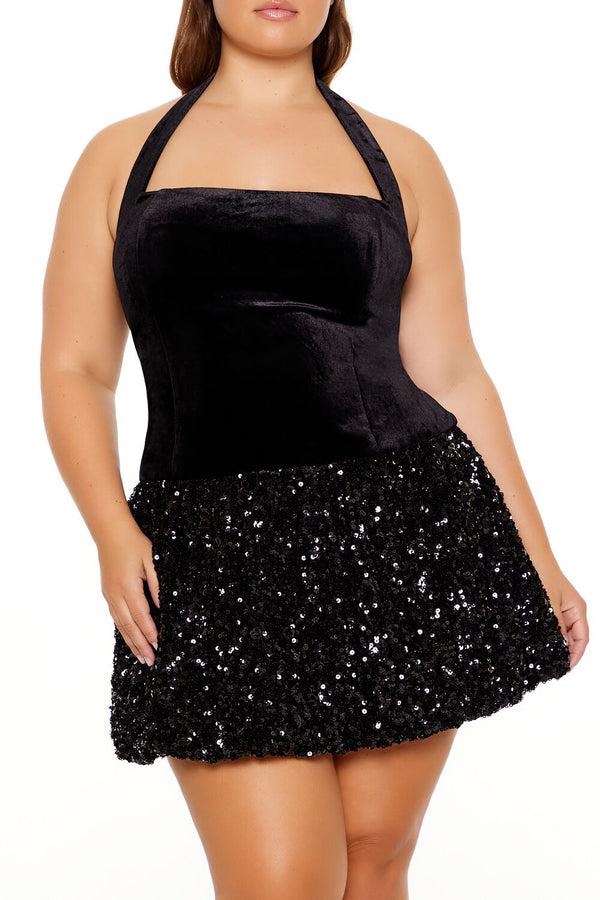 Forever21 Plus Size Sequin Halter Mini Dress BLACK