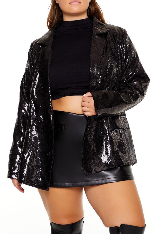 Forever21 Plus Size Sequin Notched Blazer BLACK