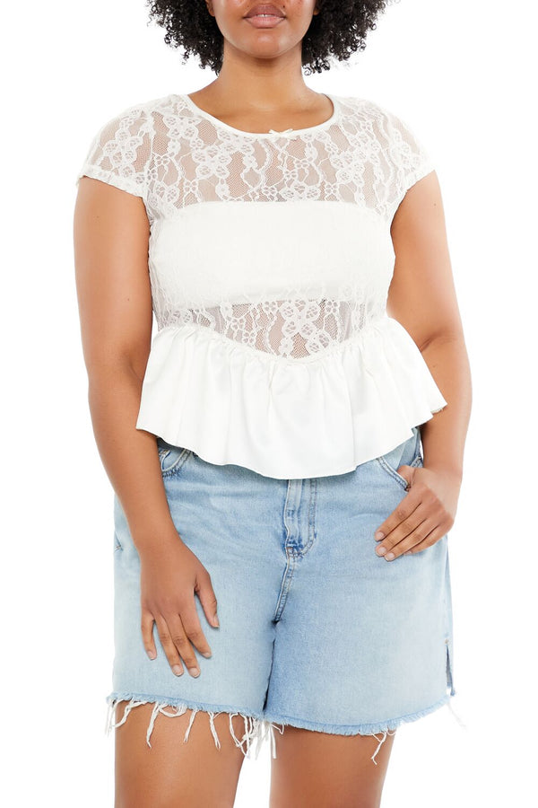 Forever21 Plus Size Sheer Lace Peplum Top EGRET