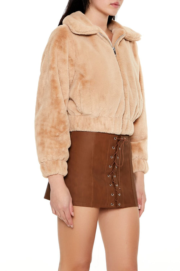 Forever21 Plush Cropped Bomber Jacket BROWN