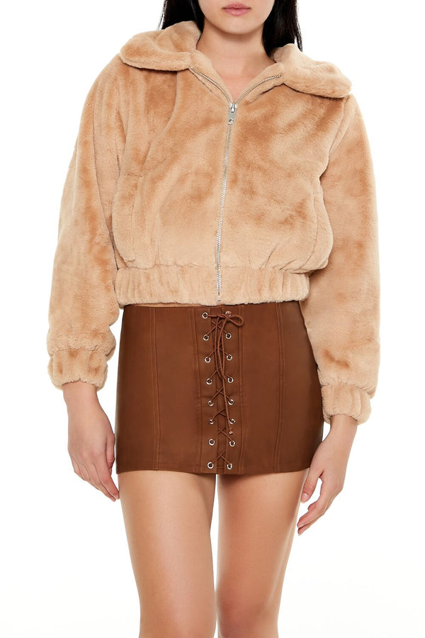 Forever21 Plush Cropped Bomber Jacket BROWN