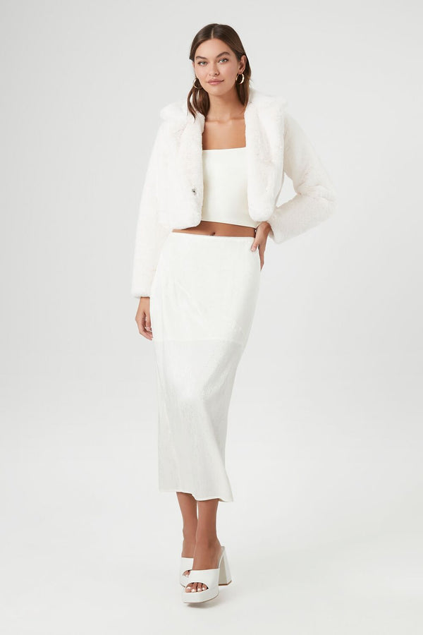 Forever21 Plush Cropped Coat WHITE