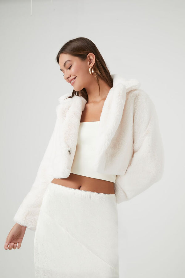 Forever21 Plush Cropped Coat WHITE
