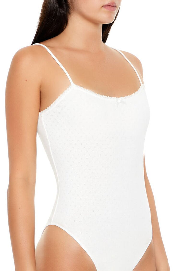 Forever21 Pointelle Bow Cami Bodysuit WHITE
