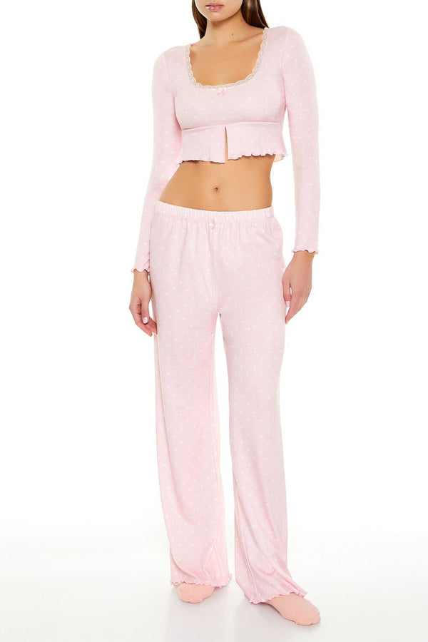 Forever21 Polka Dot Bow Pajama Crop Top PINK/WHITE