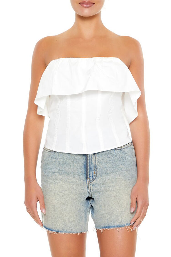 Forever21 Poplin Flounce Tube Top WHITE