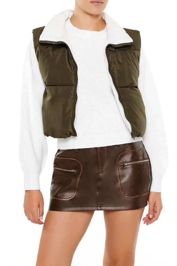Forever21 Quilted Cropped Zip-Up Vest OLIVINE