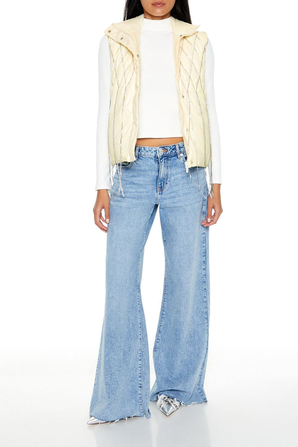 Forever21 Quilted Rhinestone Fringe Vest EGRET