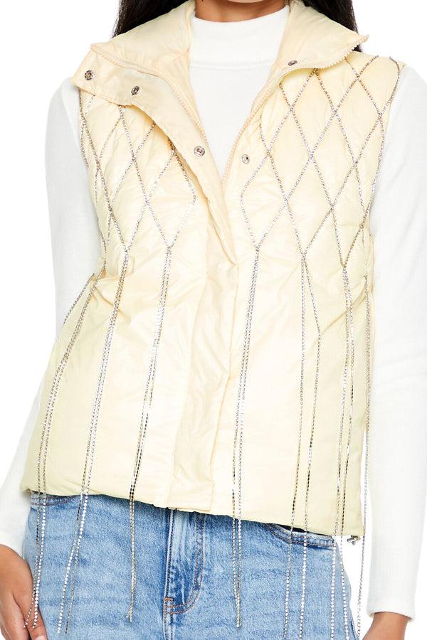 Forever21 Quilted Rhinestone Fringe Vest EGRET