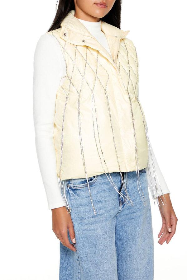 Forever21 Quilted Rhinestone Fringe Vest EGRET
