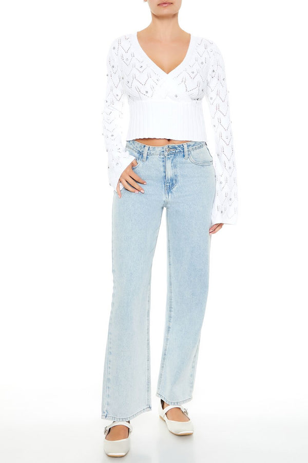 Forever21 Rhinestone Cropped Sweater WHITE