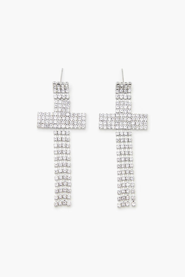 Forever21 Rhinestone Cross Drop Earrings SILVER