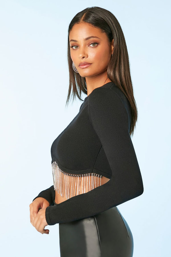 Forever21 Rhinestone-Fringe Crop Top BLACK