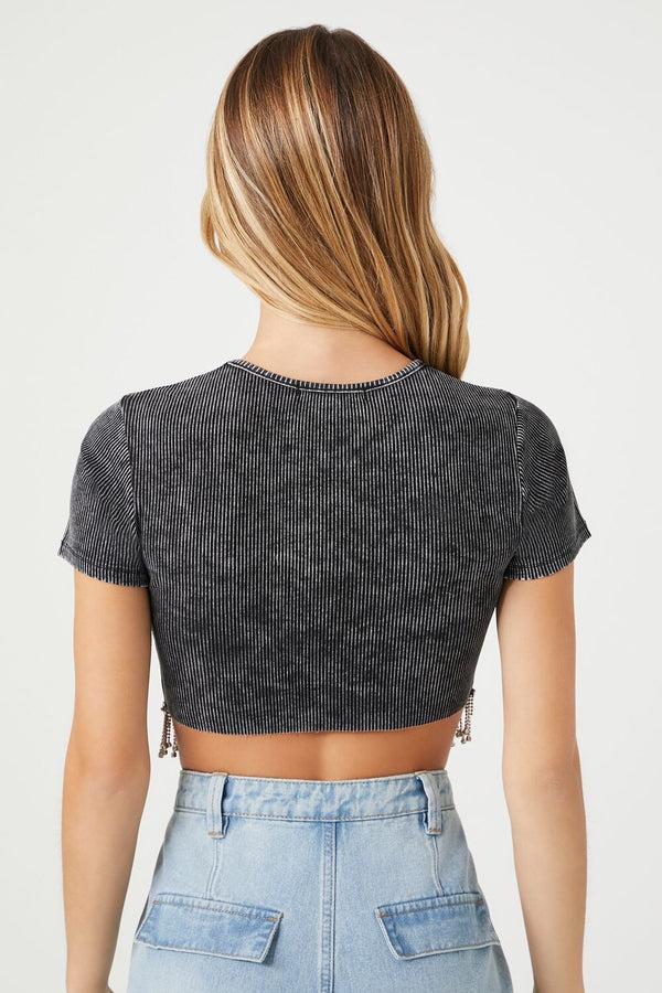 Forever21 Rhinestone-Fringe Cropped Tee BLACK