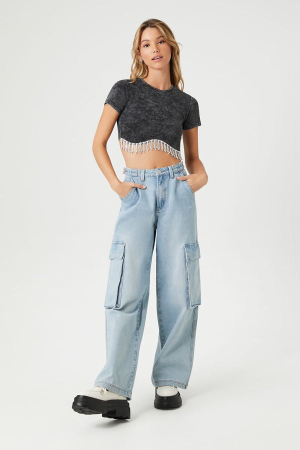 Forever21 Rhinestone-Fringe Cropped Tee BLACK