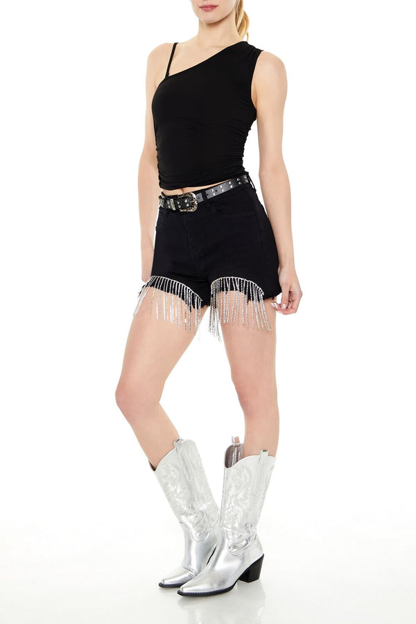 Forever21 Rhinestone Fringe Denim Shorts BLACK
